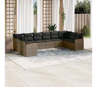 GeenYuu Set di 10 divani da giardino in polyrattan grigio con cuscini, set di mobili lounge resistenti alle intemperie, per terrazza, balcone, giardino d'inverno, set modulare con spazio per riporre