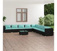GeenYuu Set di 10 mobili da giardino in rattan sintetico con cuscini, colore nero, resistente alle intemperie, per balcone, terrazza e giardino d'inverno, con tavolino da caffè
