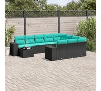 GeenYuu Set di 11 divani da giardino in polyrattan nero con cuscino, set di mobili da giardino resistenti alle intemperie, per terrazza, balcone, lounge incluso, tavolo componibile e facile da pulire