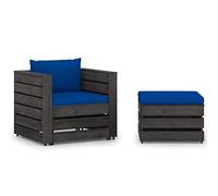 GeenYuu Set di 2 mobili da giardino con cuscini, in legno impregnato, grigio, per balcone, terrazza, giardino, con tavolo, poggiapiedi e imbottitura, per esterni, veranda e giardino d'inverno