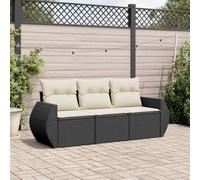 GeenYuu Set di 3 divani da giardino in polyrattan nero con cuscini, set lounge resistente alle intemperie, per terrazza, balcone e giardino d'inverno, facile da pulire, con spazio per riporre oggetti