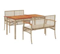 GeenYuu Set di 3 mobili da giardino con cuscini beige, in polyrattan, telaio in acciaio verniciato a polvere, piano del tavolo in legno di acacia, resistente alle intemperie, per balcone, terrazzo