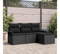 GeenYuu Set di 4 divani da giardino in polyrattan nero, con cuscino, resistente alle intemperie, per terrazza, balcone, giardino d'inverno, set modulare con spazio per riporre oggetti e piedi