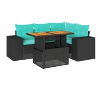 GeenYuu Set di 5 divani da giardino in polyrattan con cuscino nero, set lounge resistente alle intemperie, per balcone, terrazza e giardino d'inverno, con vano portaoggetti, tavolo regolabile, robusto