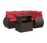 GeenYuu Set di 5 divani da giardino in polyrattan marrone con cuscino, vano portaoggetti, ripiano pieghevole, resistente alle intemperie, acciaio verniciato a polvere, per balcone, terrazza, lounge e