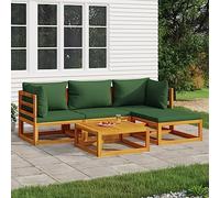 GeenYuu Set di 5 mobili da giardino in legno di acacia con cuscini verdi, per balcone, terrazza e giardino d'inverno, con tavolo, divano, poggiapiedi, resistente alle intemperie e facile da pulire