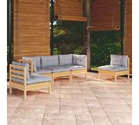 GeenYuu Set di 5 mobili da giardino in legno di pino massiccio con cuscini grigi, resistente alle intemperie, per terrazza, balcone e giardino d'inverno, con cuscini per un comodo relax all'aperto