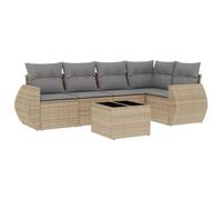 GeenYuu Set di 6 divani da giardino con cuscini beige, in polyrattan, resistente alle intemperie, per terrazza, balcone, giardino d'inverno, con vano portaoggetti, tavolo con piano in vetro temperato
