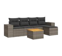 GeenYuu Set di 6 divani da giardino grigio con cuscini in polyrattan e tavolo in legno di acacia, resistente alle intemperie, per terrazza, balcone e giardino, con spazio per riporre oggetti e comode