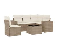 GeenYuu Set di 6 divani da giardino in polyrattan con cuscino, beige, set modulare per balcone, terrazza, esterni, resistente alle intemperie, facile da pulire, con tavolo con ripiano in vetro