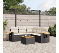 GeenYuu Set di 6 divani da giardino neri con cuscini, in polyrattan e legno di acacia, resistenti alle intemperie, per terrazza, balcone, veranda, con spazio per riporre oggetti