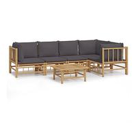 GeenYuu Set di 6 mobili da giardino in bambù con cuscini grigio scuro, per balcone, terrazza, tavolo e cuscini, set in legno resistente alle intemperie, per esterni, veranda e giardino d'inverno