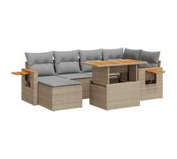 GeenYuu Set di 7 divani da giardino in polyrattan e legno di acacia con cuscini, resistenti alle intemperie, pieghevoli, modulari, con vano portaoggetti, per balcone, terrazzo, giardino d'inverno
