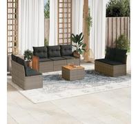GeenYuu Set di 8 divani da giardino con cuscini, in polyrattan, resistenti alle intemperie, con vano portaoggetti, tavolo in legno di acacia, set modulare per terrazza, balcone, giardino d'inverno e