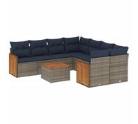 GeenYuu Set di 9 divani da giardino con cuscini in polyrattan e legno di acacia, set di mobili da giardino resistenti alle intemperie, per terrazza, balcone, lounge incluso, tavolo componibile e