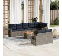 GeenYuu Set di 9 divani da giardino grigio con cuscino, in polyrattan per esterni, modulare, resistente alle intemperie, con tavolino pieghevole e tavolo in legno di acacia per terrazza e giardino