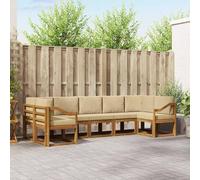 GeenYuu Set di divani da esterno in legno di acacia massiccio con cuscini beige, 7 pezzi, modulare per giardino, terrazza, piscina, atmosfera moderna e naturale