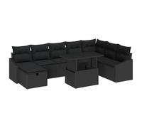 GeenYuu Set di divani da giardino, 9 pezzi, in polyrattan nero con legno di acacia, 8 posti, tavolo da giardino regolabile in altezza, set modulare per terrazza, balcone, salone, resistente alle