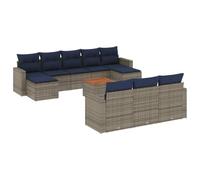 GeenYuu Set di divani da giardino da 11 pezzi con cuscini, grigio, in polyrattan e legno di acacia, set di mobili da giardino resistenti alle intemperie, per terrazza, balcone, soggiorno, con spazio