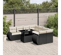 GeenYuu Set di divani da giardino da 9 pezzi, in rattan sintetico nero, con cuscini, acciaio verniciato a polvere, 2 divani ad angolo, 4 divani centrali, 2 divani con braccioli, tavolo da giardino