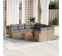 GeenYuu Set di divani da giardino in polyrattan beige, 9 pezzi, con cuscino, in acciaio verniciato a polvere, tavolo in legno di acacia, resistente alle intemperie, modulare, per balcone, terrazza