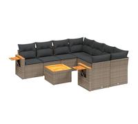 GeenYuu Set di divani da giardino in polyrattan grigio, 9 pezzi, con cuscino, vano portaoggetti e tavolino, resistente alle intemperie, per balcone, terrazza, giardino d'inverno