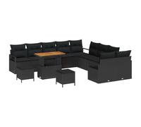 GeenYuu Set di divani da giardino in polyrattan nero, 13 pezzi, con cuscini e vano portaoggetti, resistente alle intemperie, divano angolare con legno di acacia, modulare per balcone, terrazza e