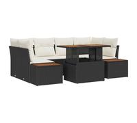 GeenYuu Set di divani da giardino in polyrattan nero, 7 pezzi, con vano portaoggetti, set da pranzo modulare a 6 posti, per terrazza, balcone ed esterni, resistente alle intemperie, con cuscino e