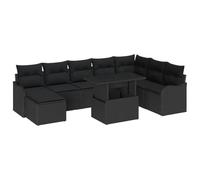 GeenYuu Set di divani da giardino in polyrattan nero, 9 pezzi, con cuscino, set modulare resistente alle intemperie, per terrazza, balcone, veranda e giardino d'inverno, salvaspazio, comodo per