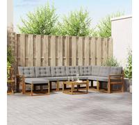 GeenYuu Set di divani per esterni, 9 pezzi, con cuscini in grigio chiaro e colori naturali, struttura in legno di acacia, resistente alle intemperie, per terrazza e giardino, include tavolo, sgabello