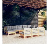 GeenYuu Set di mobili da giardino da 11 pezzi con cuscini grigi in legno di pino massiccio, resistente alle intemperie, con imbottiture, per terrazza, balcone, giardino d'inverno, piscina e veranda
