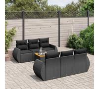 GeenYuu Set di mobili da giardino da 7 pezzi, colore nero, con cuscini, in polyrattan e legno di acacia, resistente alle intemperie, per terrazza, balcone, lounge con spazio per riporre oggetti e