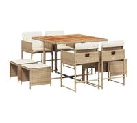 GeenYuu Set di mobili da giardino da 9 pezzi con cuscini, in polyrattan, resistente alle intemperie, con tavolo, sedia, sgabello, pieghevole e impilabile, per balcone, terrazza, veranda