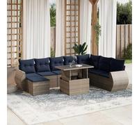 GeenYuu Set di mobili da giardino in polirattan grigio, 9 pezzi, con cuscino, resistente alle intemperie, per terrazza, balcone e giardino d'inverno, con tavolo e sgabello
