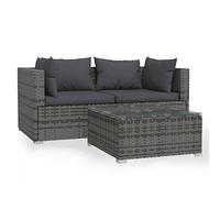 GeenYuu Set di mobili da giardino in polyrattan grigio, 3 pezzi, con cuscino, resistente alle intemperie, per balcone, terrazza e giardino d'inverno, set modulare con tavolo
