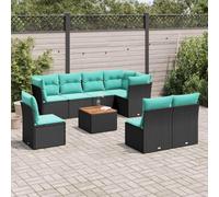 GeenYuu Set di mobili da giardino in polyrattan nero, 9 pezzi, con cuscini, set di mobili da giardino resistenti alle intemperie, per terrazza, balcone e giardino d'inverno, con tavolo in legno di