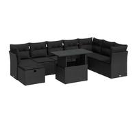 GeenYuu Set di mobili da giardino in polyrattan nero, 9 pezzi, con cuscino, modulare per terrazza, balcone e giardino d'inverno, divano lounge resistente alle intemperie con vano portaoggetti, tavolo