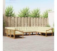 GeenYuu Set di mobili da giardino per esterni, 9 pezzi, in legno di acacia massiccio, con cuscini in colore naturale e crema, set di mobili da giardino per terrazza e patio, resistente con schienale a