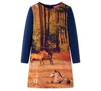 GeenYuu Vestito da bambina a maniche lunghe, blu navy, con stampa di cavalli, in cotone ed elastan, taglia 128, per tutti i giorni, scuola, asilo e occasioni festive
