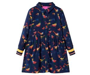 GeenYuu Vestito per bambini a maniche lunghe, blu navy, colletto rovesciato, lunghezza al ginocchio, 100% viscosa, taglia 116, stampato con uccelli colorati, traspirante, per tutti i giorni, scuola
