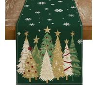 GEEORY Christmas Table Runner 13x90 Inch, Xmas Trees Snowflakes Holiday Decorative Farmhouse Table Decoration for Kitchen Dinning, Indoor Outdoor Dinner Party Decor (Green) GT152-90