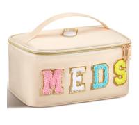 Geetery Borsa in ciniglia con lettere, in nylon, per medicinali e trucchi, con cerniera, borsa portatile per cosmetici da donna, Beige, Lettera in ciniglia