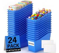 Geetery Confezione da 24 contenitori grandi per libri con etichette, 36 x 18 x 13 cm, in plastica resistente, per aule, biblioteche, uffici, casa, magazzino, colore: blu scuro