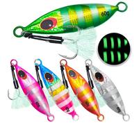 Gefischtter 5 esche da pesca verticali per acqua salata, in metallo, con cucchiaio, affondamento lento e bagliore, esche da pesca in acque profonde, con ganci di assistenza, per tonno, spigola, dente