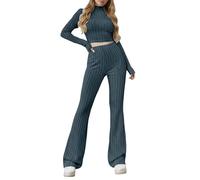 Gefomuofe 2 pezzi da donna a coste, set da 2 pezzi, maglione a crop e pantaloni lunghi, set slim fit, 2 pezzi, per il tempo libero, azzurro, M