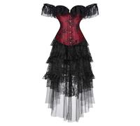 Gefomuofe Abito vittoriano da donna, in pizzo, con maniche in corsetto, abito in corsetto, abito a corsetto, Steampunk, gonna, costume da vampiro, camicia da pirata, corsetto in raso, costume di