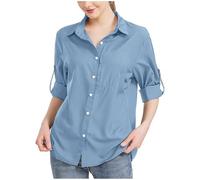Gefomuofe Camicia da donna a maniche corte in cotone con tasca con chiusura lampo, casual, estiva, per il tempo libero, in lino, camicia da lavoro, camicia funzionale a maniche lunghe, Blu, XL