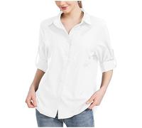 Gefomuofe Camicia da donna a maniche corte in cotone con tasca con chiusura lampo, casual, estiva, per il tempo libero, in lino, camicia da lavoro, camicia funzionale a maniche lunghe, bianco, M