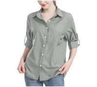 Gefomuofe Camicia da donna a maniche corte in cotone con tasca con chiusura lampo, casual, estiva, per il tempo libero, in lino, camicia da lavoro, camicia funzionale a maniche lunghe, grigio., M