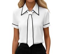 Gefomuofe Camicia da lavoro da donna, a maniche lunghe, con nodi, estiva, leggera, a maniche corte, per il tempo libero, con colletto rovesciato, elegante, bianco, M